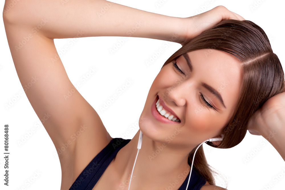 Young Beautiful Brunette Woman Listening Music and Entertaining