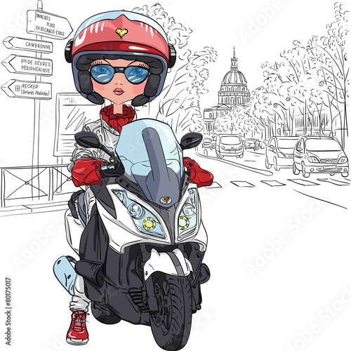Vector cute girl on a scooter in Paris