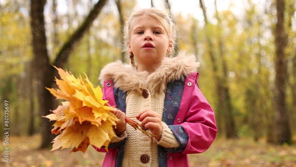 Little girl holds maple leaves and tells story Little girl holds maple leaves and tells story