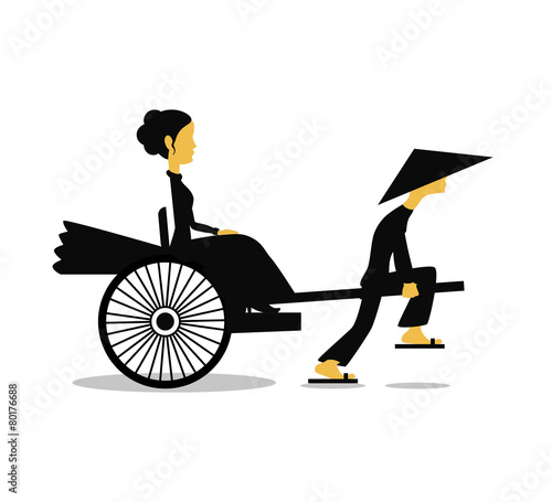 Rickshaw is picking up a european lady by a traditional asian