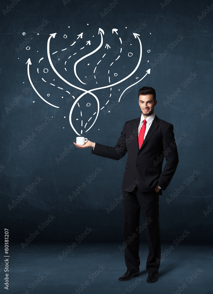 Businessman holding a white cup with lines and arrows Businessman holding a white cup with lines and arrows