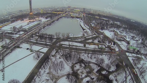 Cityscape with Ostankinskaya TV tower and traffic  photo