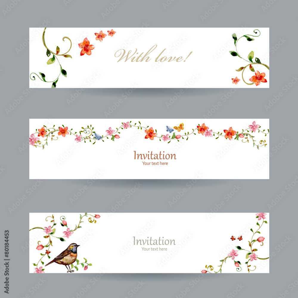 collection cards with foliate ornament and flowers. watercolor p