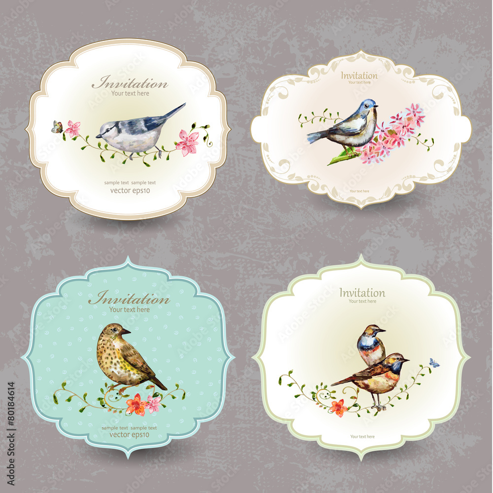 Fototapeta premium collection retro label of cute bird. watercolor painting