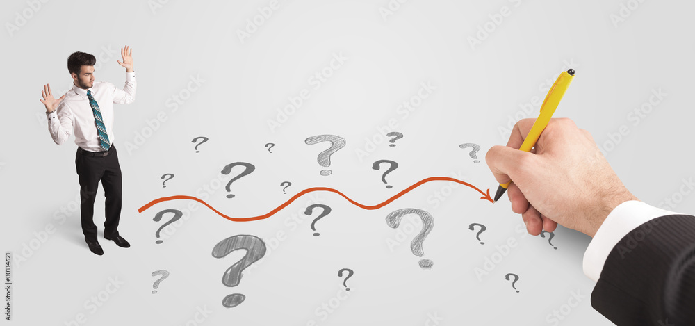 Business man looking at question marks and solution path Business man looking at question marks and solution path