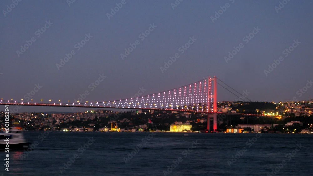Ships float near Bosporus Bridge in evening, time lapse Ships float near Bosporus Bridge in evening, time lapse