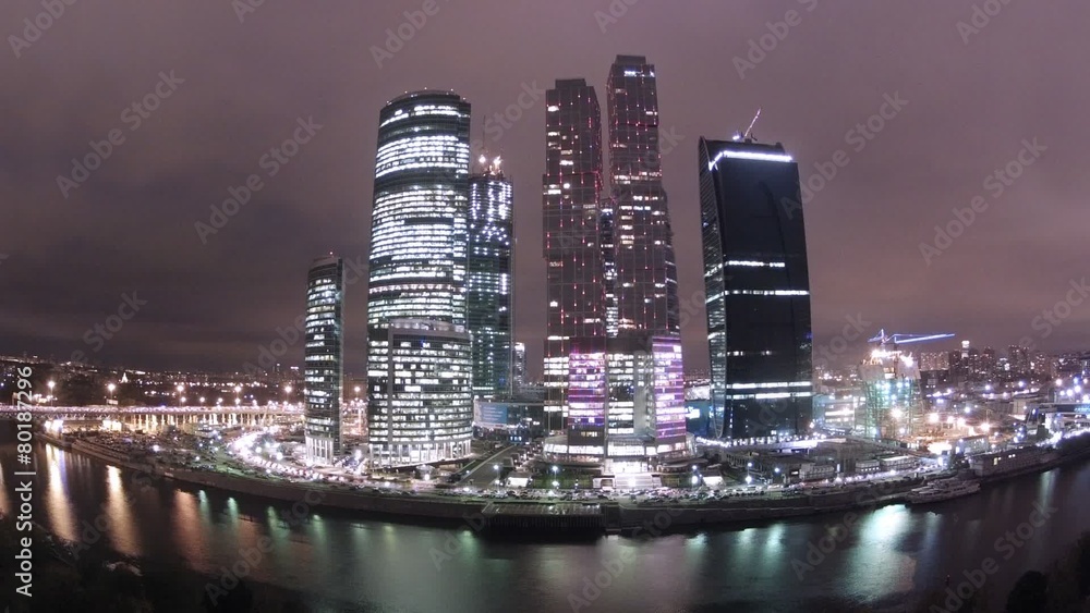 Moscow new city and Moscow River at night Moscow new city and Moscow River at night