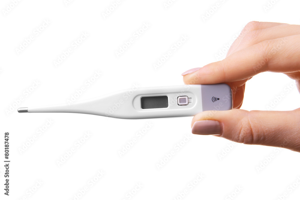 Female hand holding thermometer isolated on white Female hand holding thermometer isolated on white