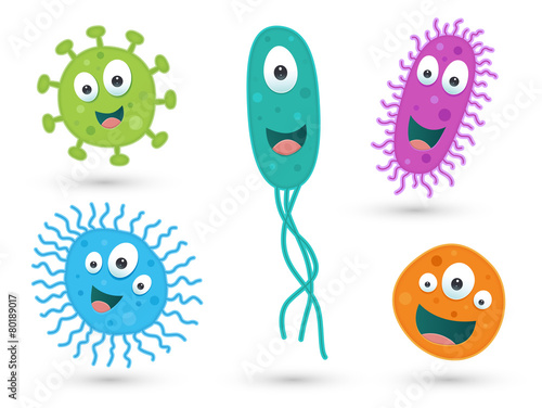 A set of cute green, blue, orange & purple germs / bacteria