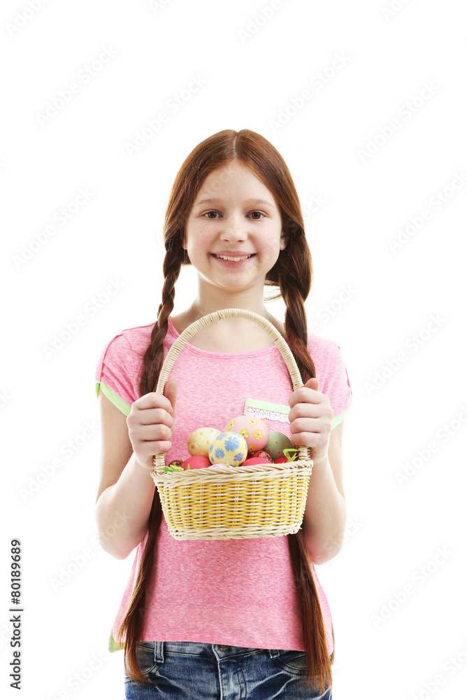 Beautiful little girl holding wicker basket with Easter eggs, Beautiful little girl holding wicker basket with Easter eggs,