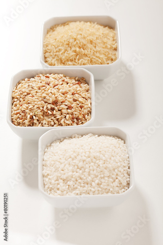 Row rice in three variation - white, integral and yellow