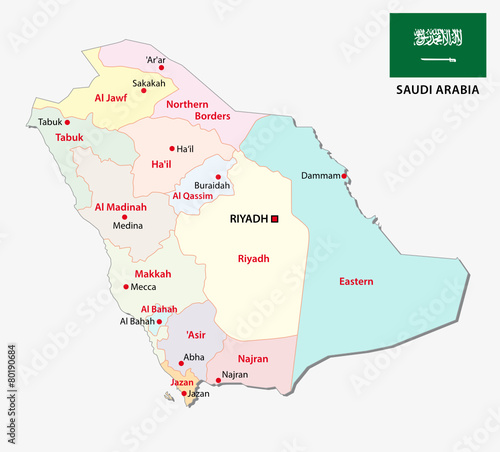 saudi arabia administrative map with flag