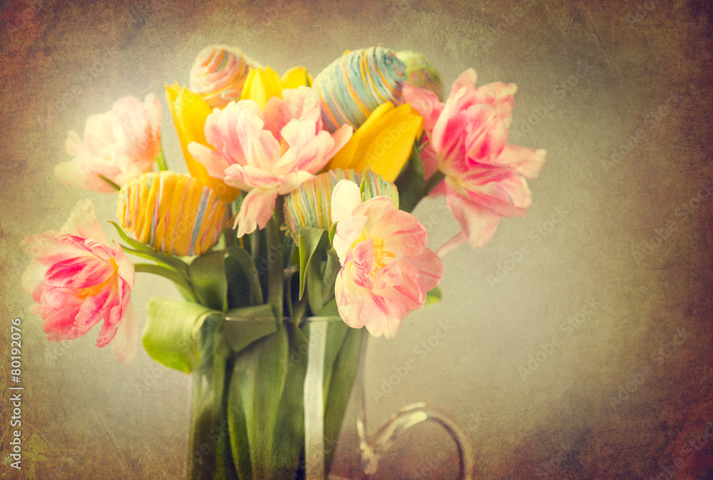 Naklejka premium Easter. Tulip flowers bouquet decorated with colourful eggs