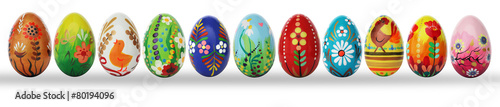 Hand painted Easter eggs isolated on white. Spring patterns photo