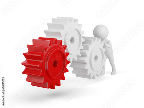 3d small person rolls a large gears. 3d image. Isolated white