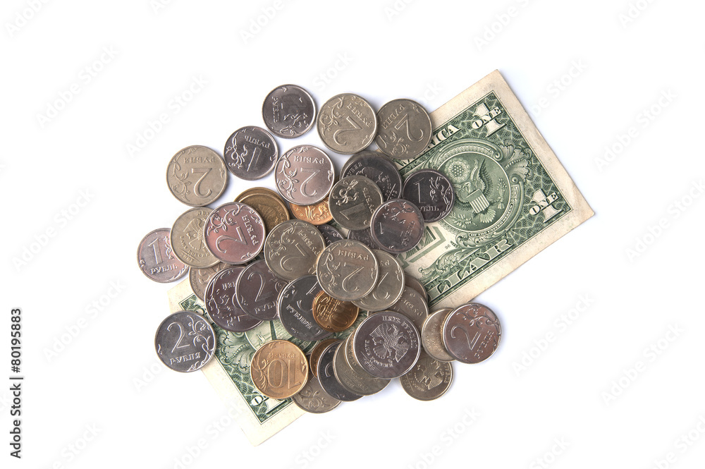 One US dollar and Russian coins.. One US dollar and Russian coins..