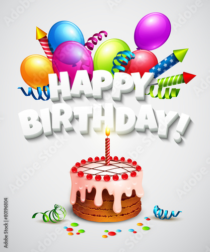 Happy birthday greeting card with cake and balloons. Vector