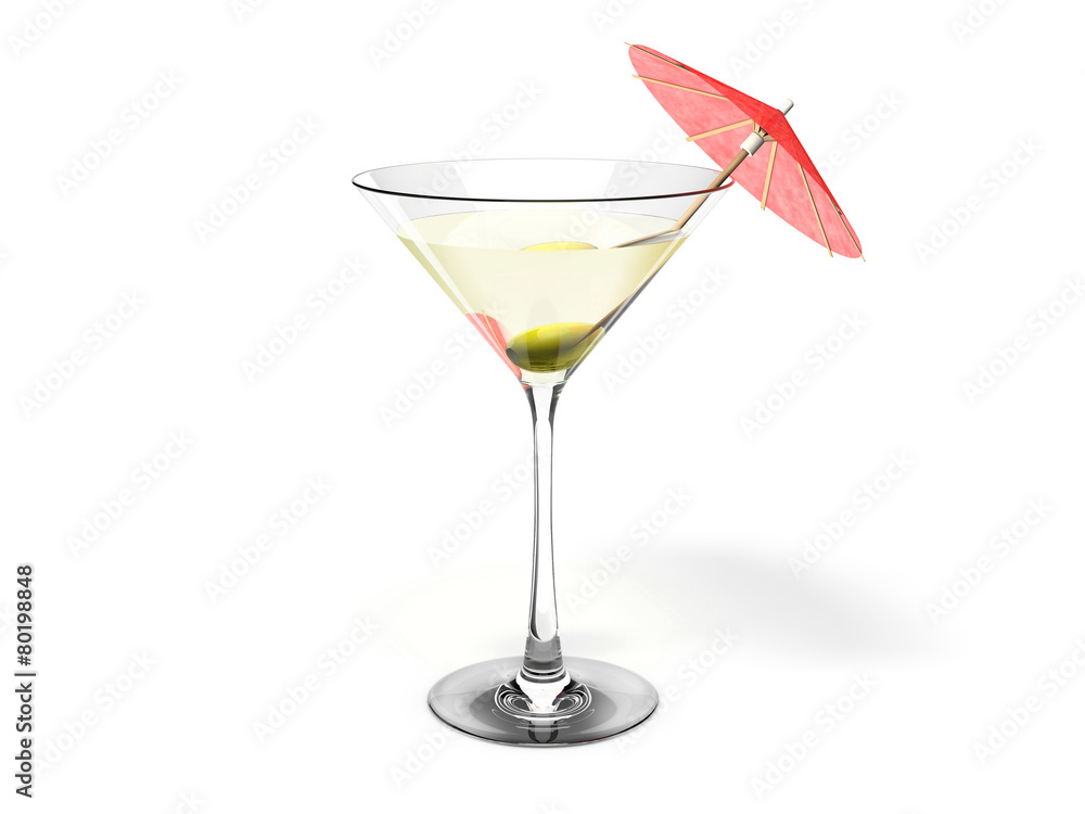 Martini glass with green olive and red coctail umbrella
