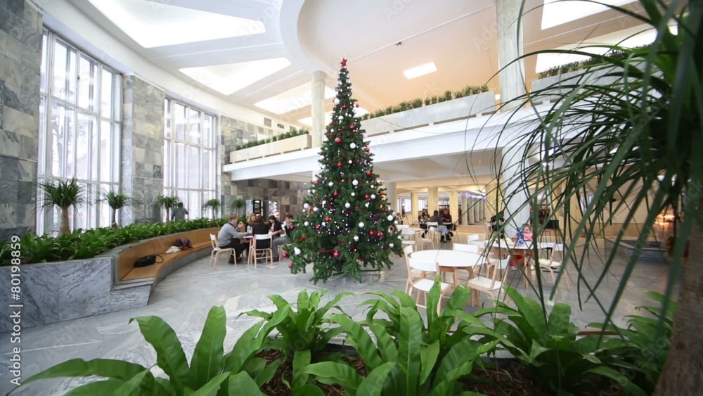 People sitting the table in hall with a New Year tree 