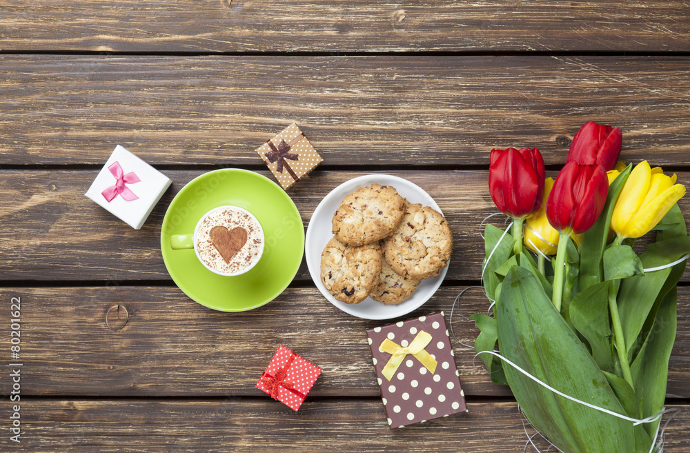 Cup of cappuccino with heart shape and cookies Cup of cappuccino with heart shape and cookies