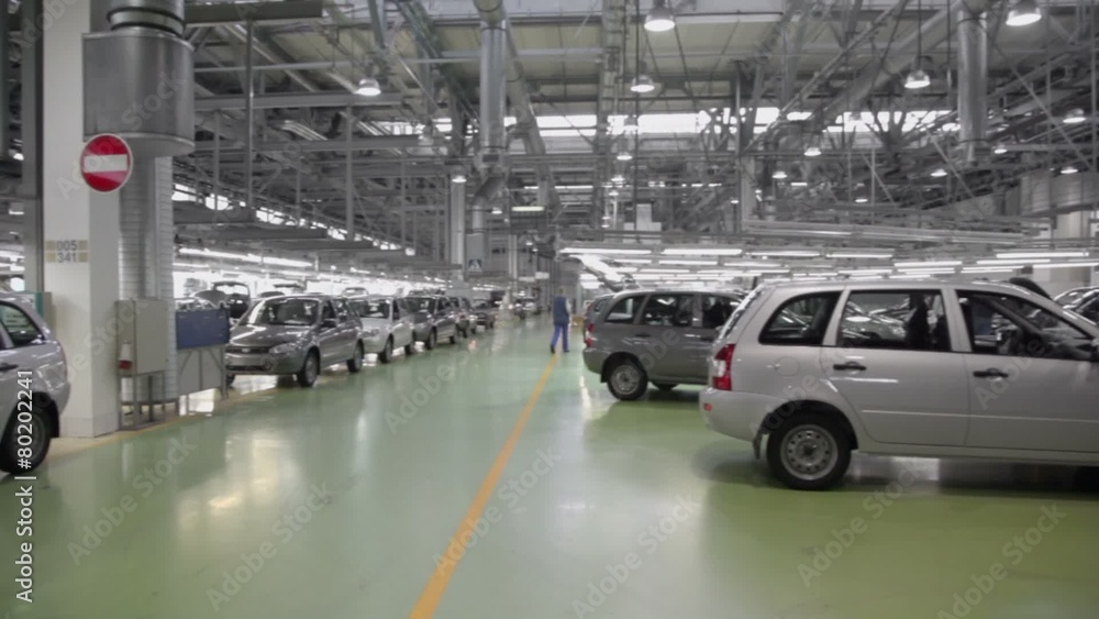 Panorama of hall with cars Lada Kalina at factory VAZ Panorama of hall with cars Lada Kalina at factory VAZ