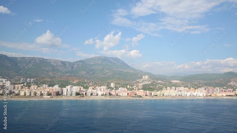 view to sea, mountain and coastline with hotels from parachute view to sea, mountain and coastline with hotels from parachute