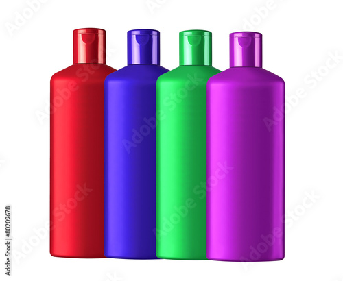 Plastic colorful bottles shampoo isolated on white background