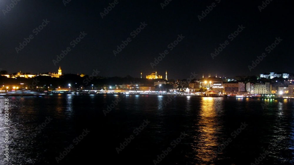 Light from night lamps is reflected in water at night, time lapse Light from night lamps is reflected in water at night, time lapse