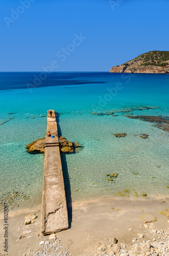 Jetty on beautiful beach in Camp de Mar, Majorca island, Spain