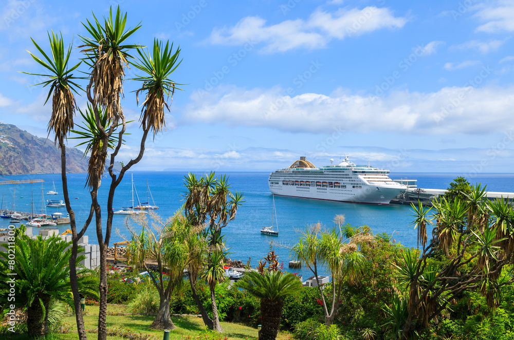 View of cruise ship in Funchal port, Madeira island, Portugal