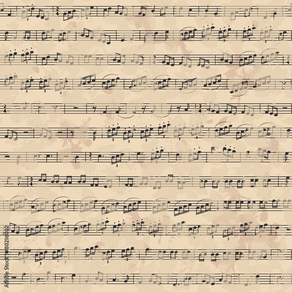 Seamless pattern with music notes on old paper
