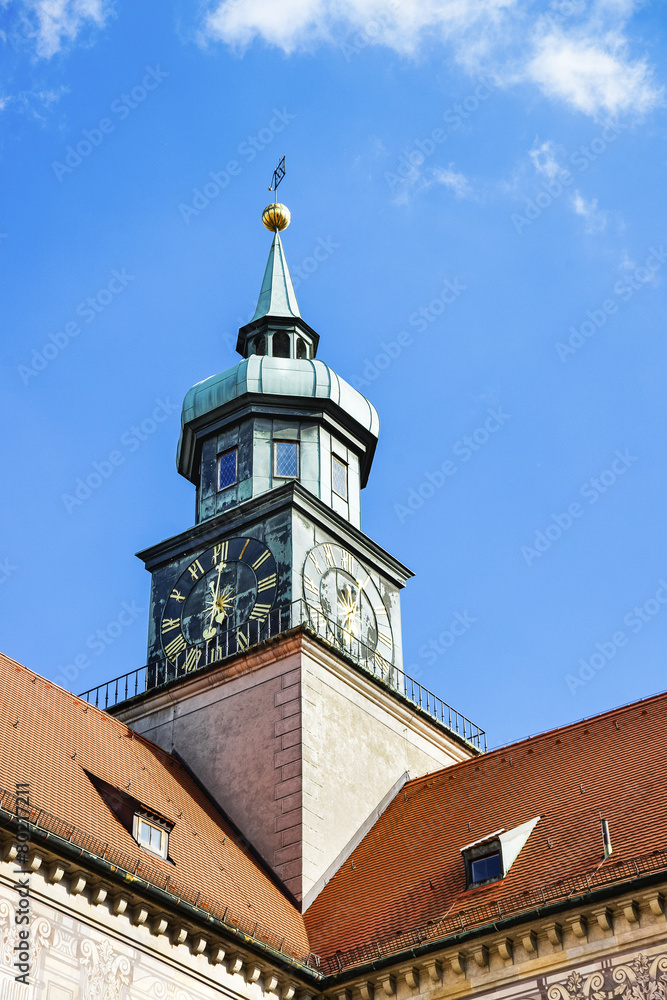 Clock tower in Munich in front of blue sky