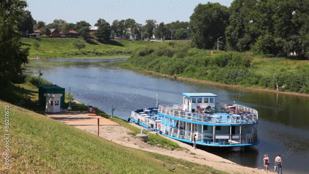 walking ship with Russian flag at river bank Vologda walking ship with Russian flag at river bank Vologda