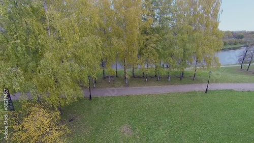 Wind flutters colorful foliage of trees near Cherkizovsky pond photo