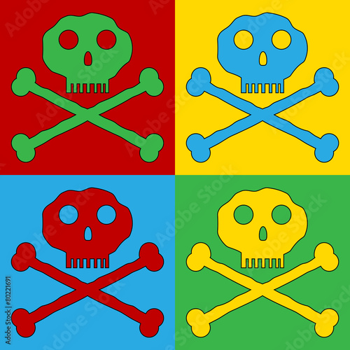 Pop art skull and bones danger sign symbol icons.
