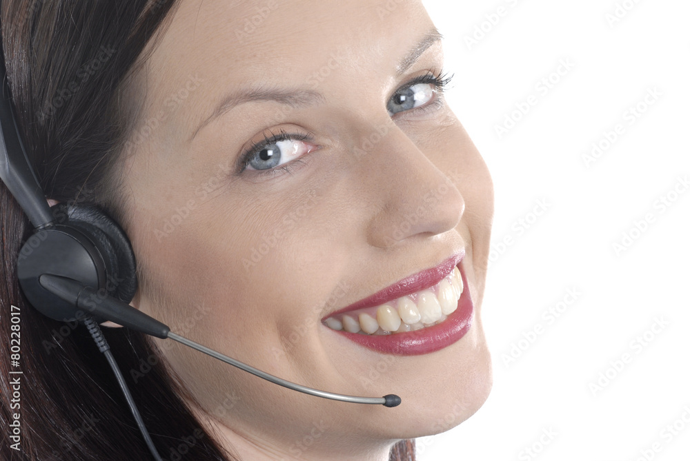 Attractive smiling female girl secretary or call center receptionist talking speaking microphone telephone headset eyes looking at camera white background photo Attractive smiling female girl secretary or call center receptionist talking speaking microphone telephone headset eyes looking at camera white background photo