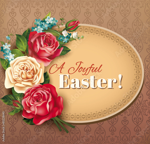 Easter vintage card with rose bouquet. Vector