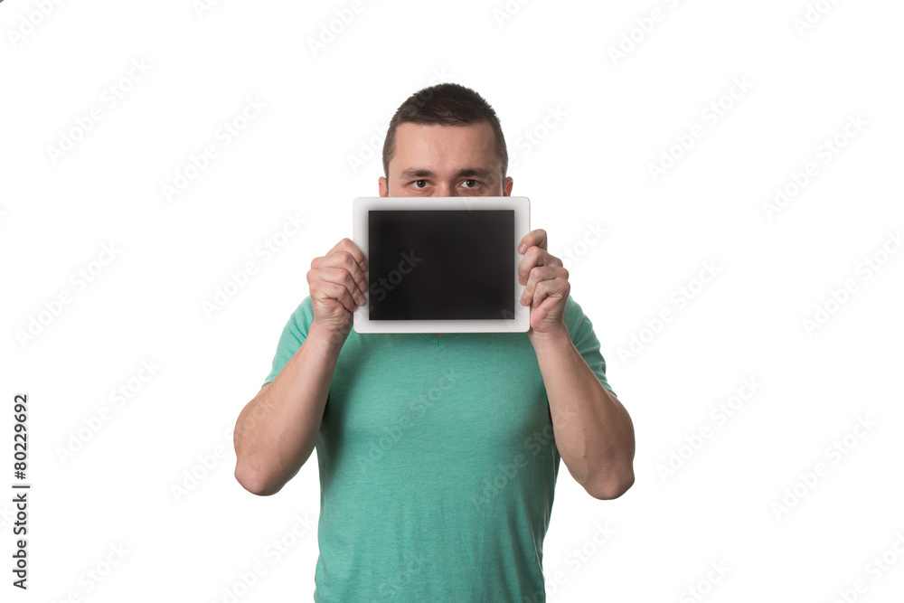 Man Showing Blank Taplet Pc On White Background