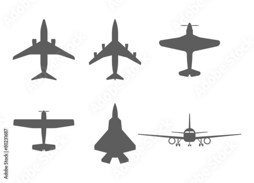airplane icons. passenger plane, fighter plane and screw