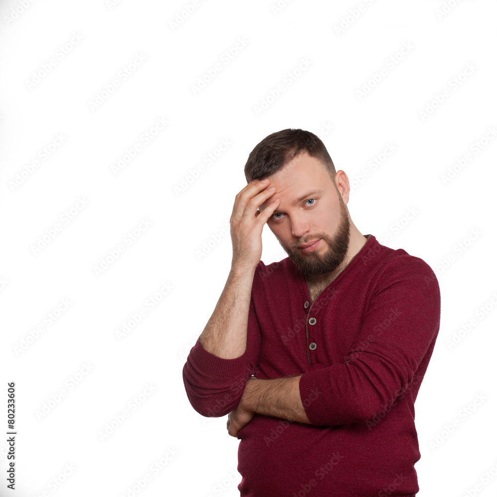 thoughtful man beard mustache burgundy sweater isolated thoughtful man beard mustache burgundy sweater isolated