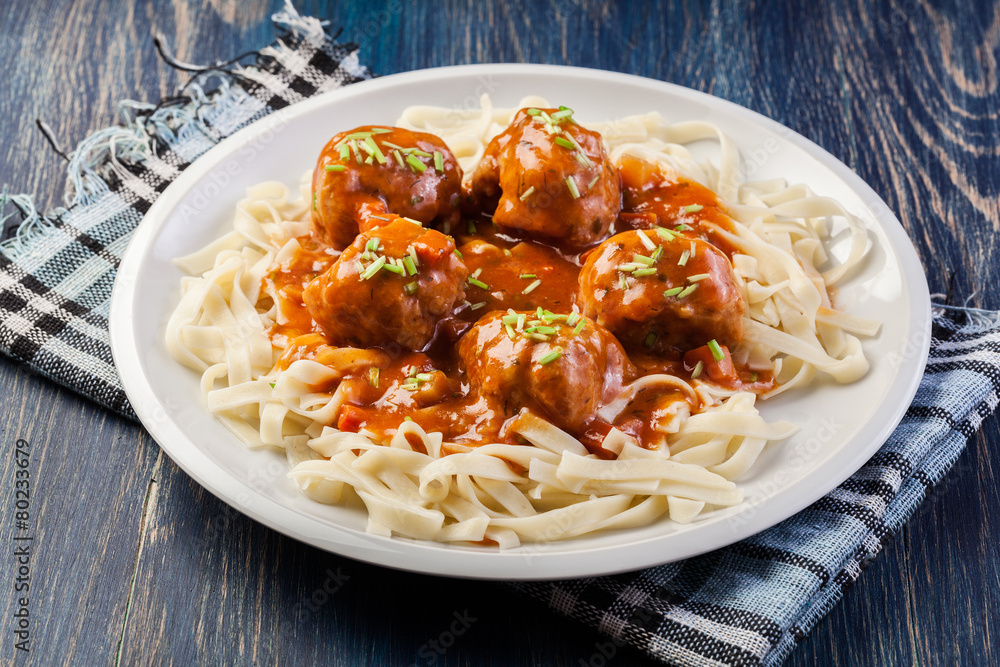 Pasta fettuccine and meatballs with tomato sauce Pasta fettuccine and meatballs with tomato sauce