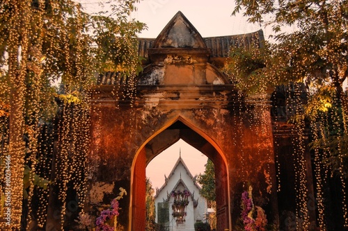 Illuminated Entrance to Royal Palace, Lopburi, Thailand photo