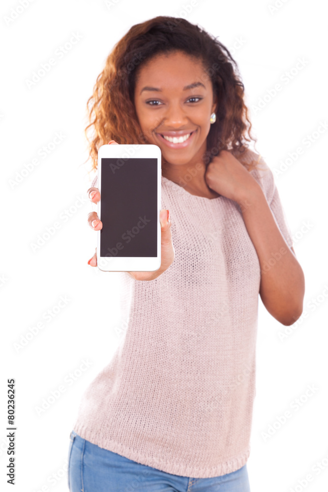 African American Woman showing a mobile phone African American Woman showing a mobile phone