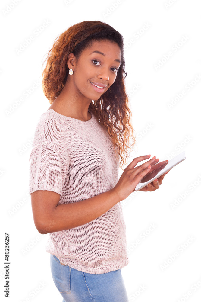 African American Woman using a tactile tablet African American Woman using a tactile tablet