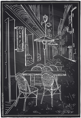 Street cafe chalk sketch on a blackboard.