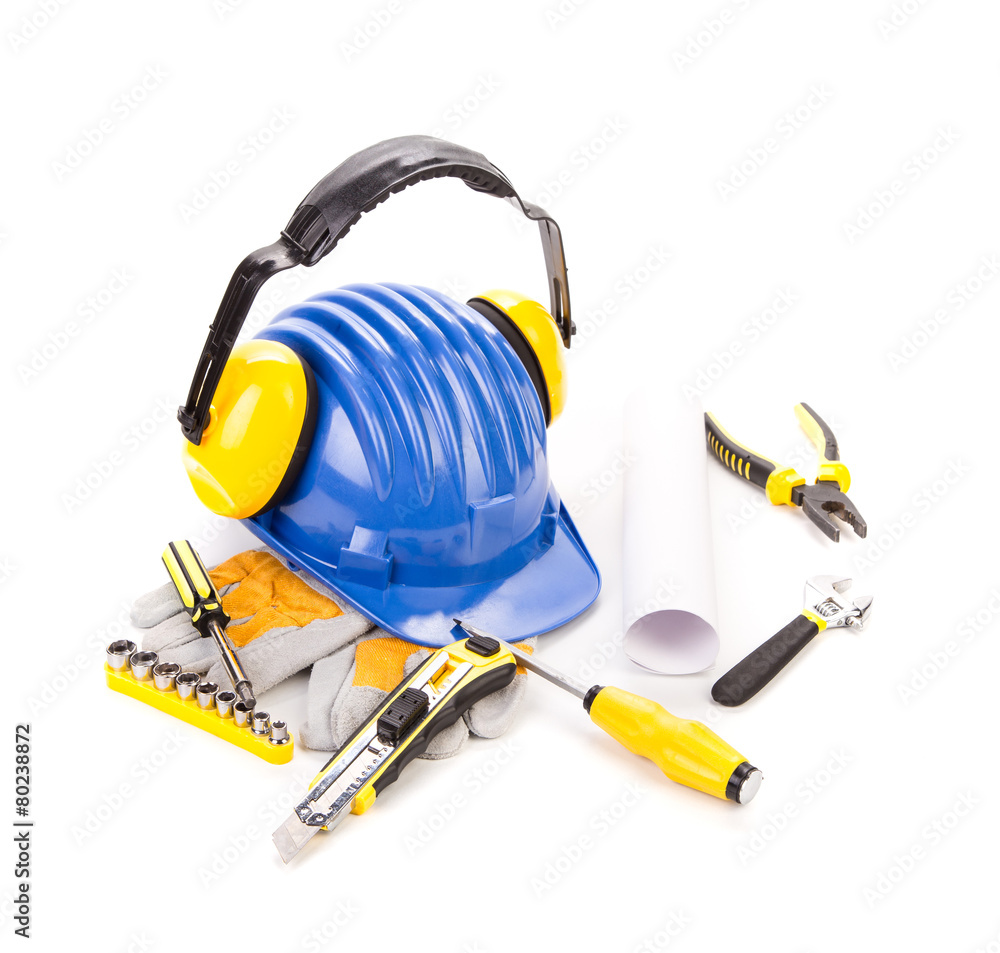 Blue safety helmet with earphones Blue safety helmet with earphones