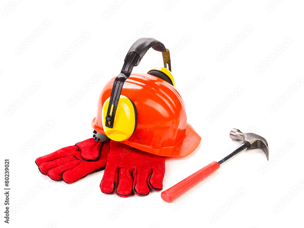 Red hard hat with gloves Red hard hat with gloves