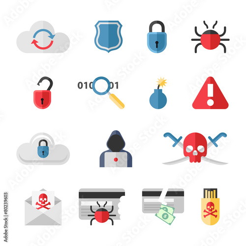Hacker flat icons set with bug virus crack worm spam