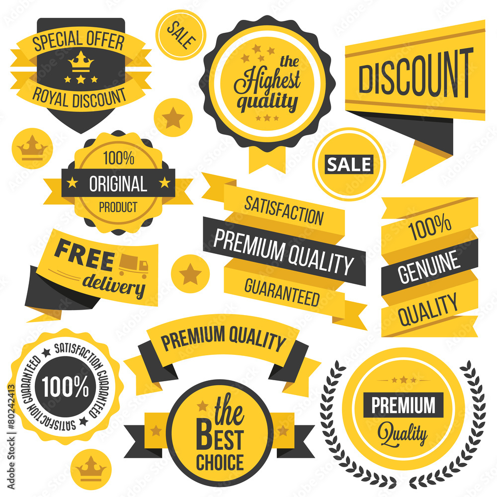 Yellow badges,ribbons and labels set Yellow badges,ribbons and labels set