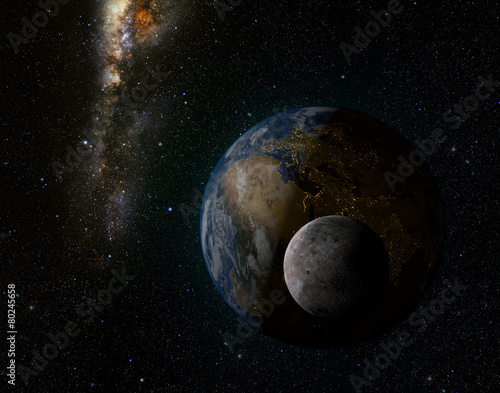 Fototapeta Naklejka Na Ścianę i Meble -  Earth, moon and milkyway